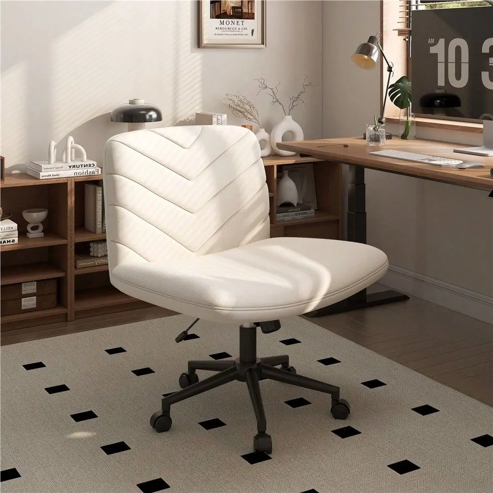 

Armless Desk Chair With Wheels, Boucle Adjustable Vanity Chair For Home Office Study, CrossLegged Office Chair With Tilt Functi