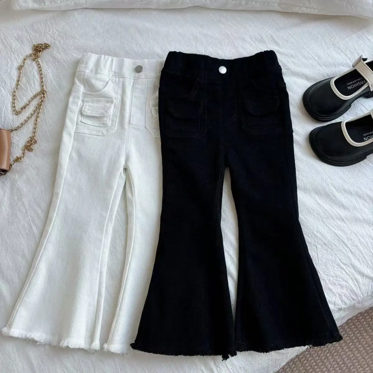 New Girls Pure Cotton Bell Bottom Pants for Spring Autumn Versatile Pants Girl Solid Color Micro Elastic Casual Pants 2-10Y
