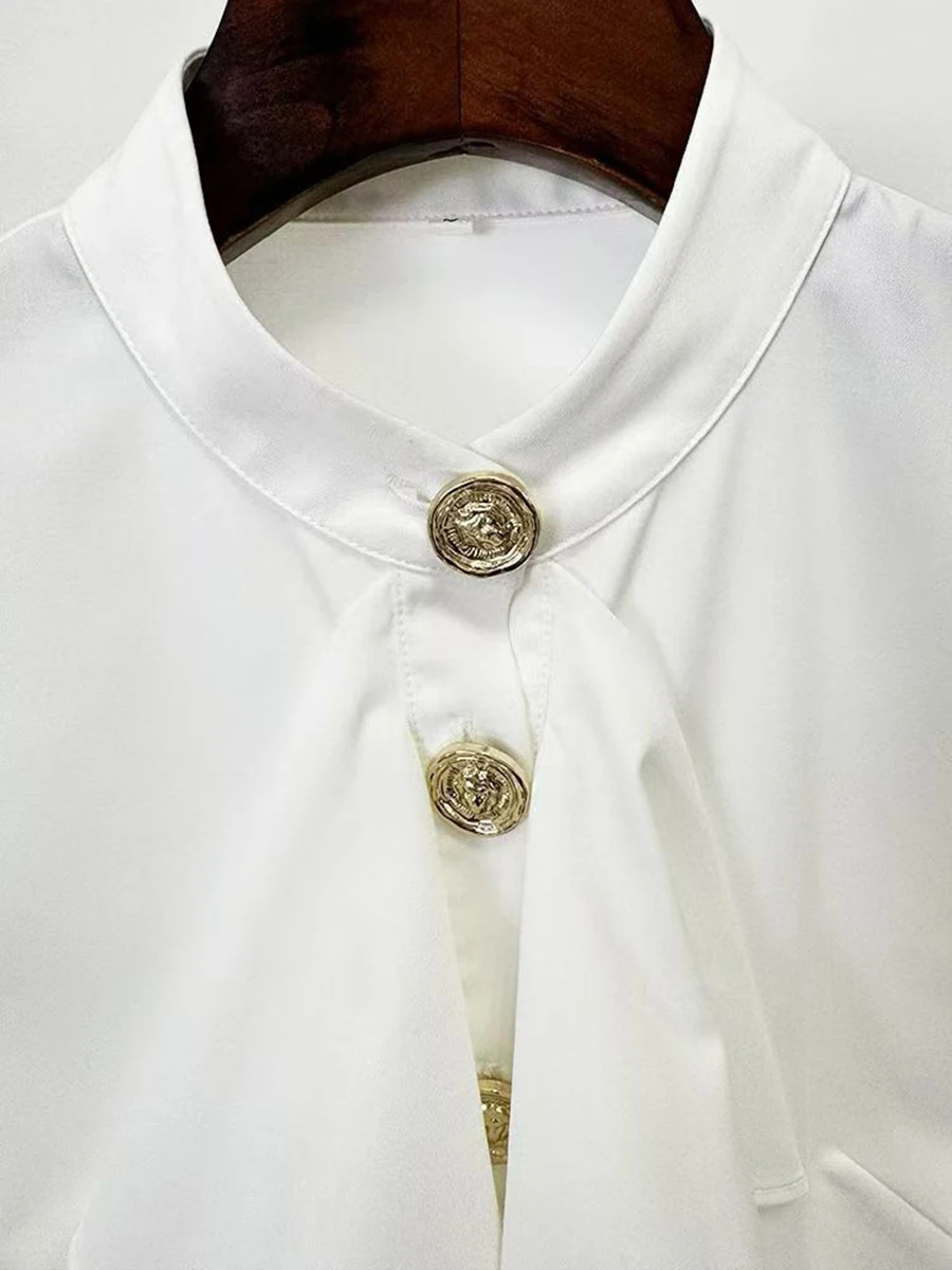 GALCAUR Camicia minimalista con fungo impiombato bianco Donna O Collo Manica lunga Camicie da donna allentate di fascia alta Autunno Nuovo stile Moda