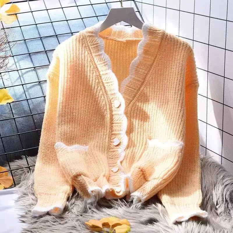 

Sweet V Neck Women Knitted Cardigan Autumn Loose Lazy Style Casual Sweater Korean Chic Pocket Long Sleeve All Match Jumper Mujer