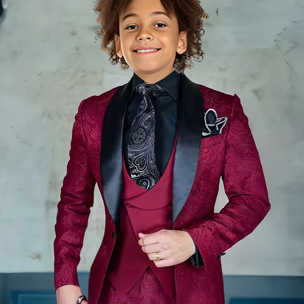 Jacquard Boys Suit 3 piece Suit Burgundy Jacket Pants Vest Wedding Kids Tuxedo Formal Style Boys Slim Fit Suit