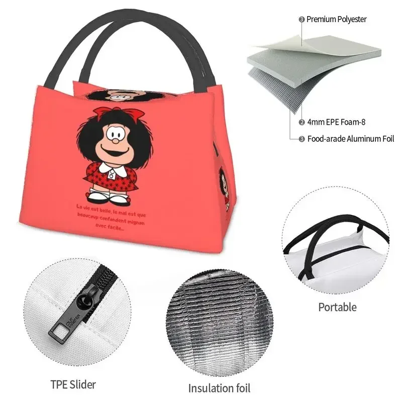 Kawaii Mafalda Insulated Lunch Bag for Outdoor Picnic Quino Argentina Cartoon Waterproof Thermal Cooler Bento Box Women