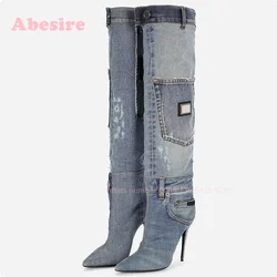 Blue Pointed Toe Stiletto Heel Pocket Over The Knee Denim Boots Patchwork Slip On Casual Women's Boots 2024 Winter Newest Design