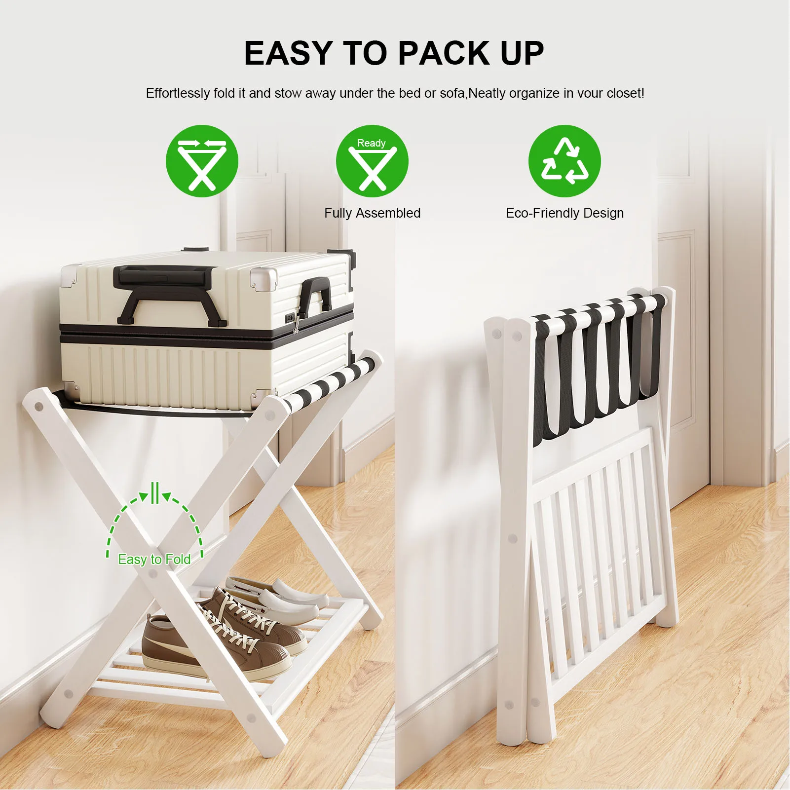 رف أمتعة قابل للطي، حامل أمتعة من الخشب السميك مع رف تخزين لغرفة نوم الفندق وغرفة الضيوف #3