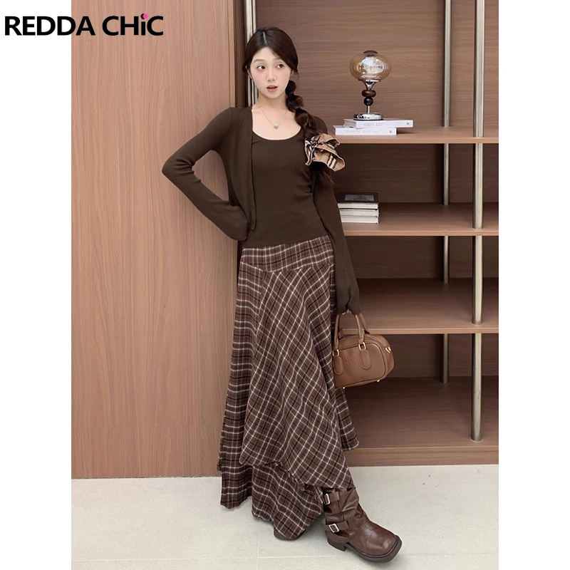 

ReddaChic Irregular Patchwork Ruffle Skirt Tartan Plaid Casual Slim Fit High Rise Maxi Long Asymmetric Skirt Retro Women Clothes