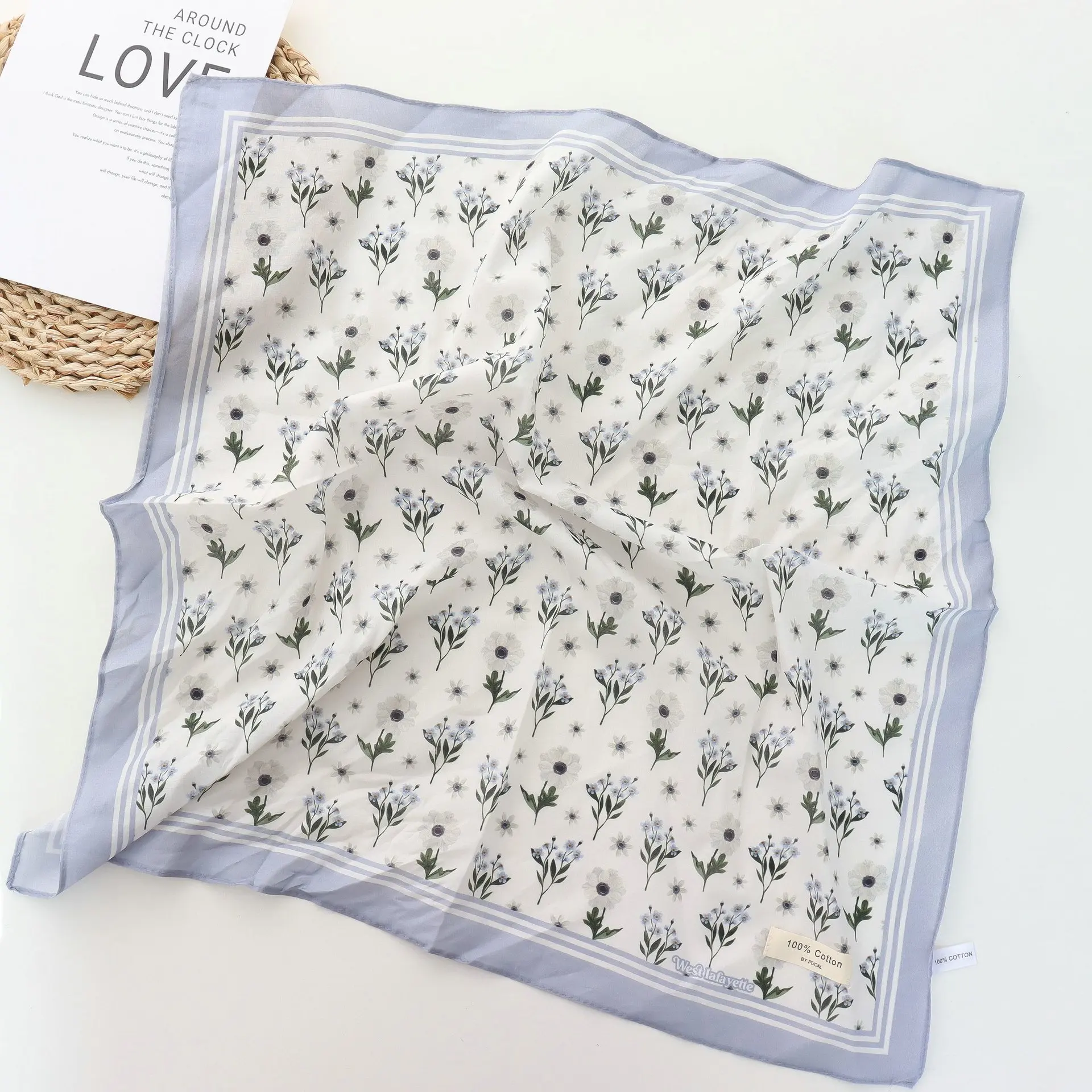 2025 Korean Style All-Matching Floral Square Scarf Cotton Small Scarf Retro Women's Thin Fresh Decoration Silk Scarf Headband