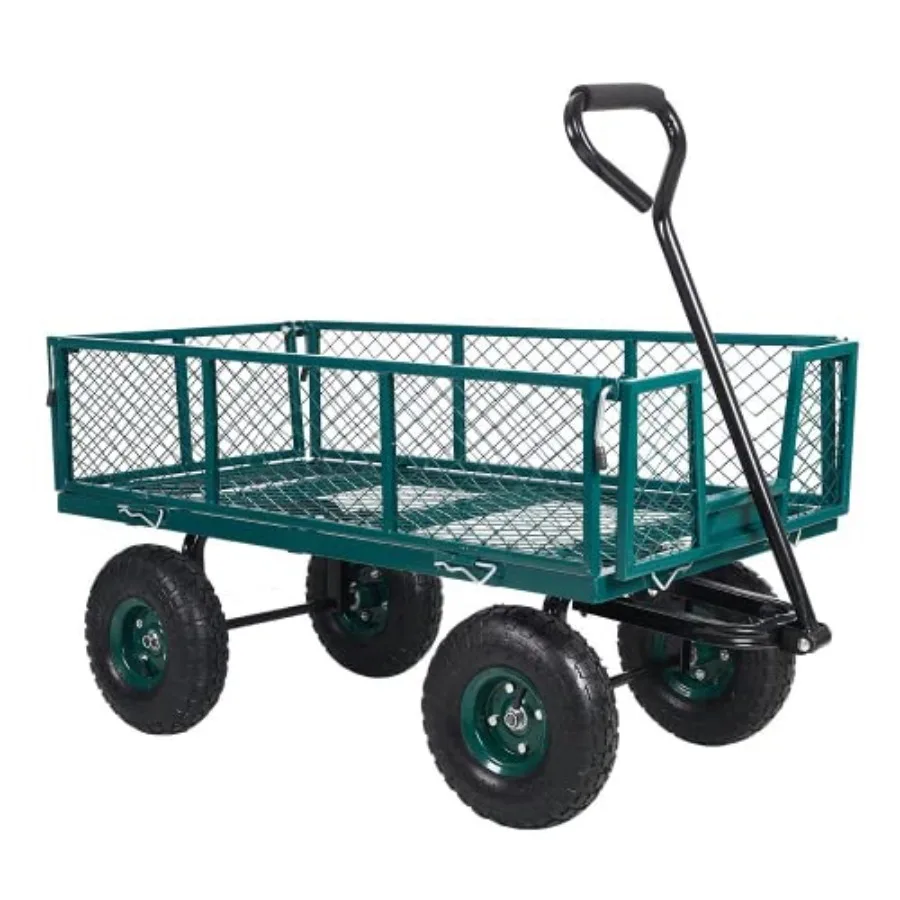 Utility Wagon for Farm and Garden Use, Heavy Duty Steel Cart with Removable Folding Sides, Black, 550 Lb Load Capacity