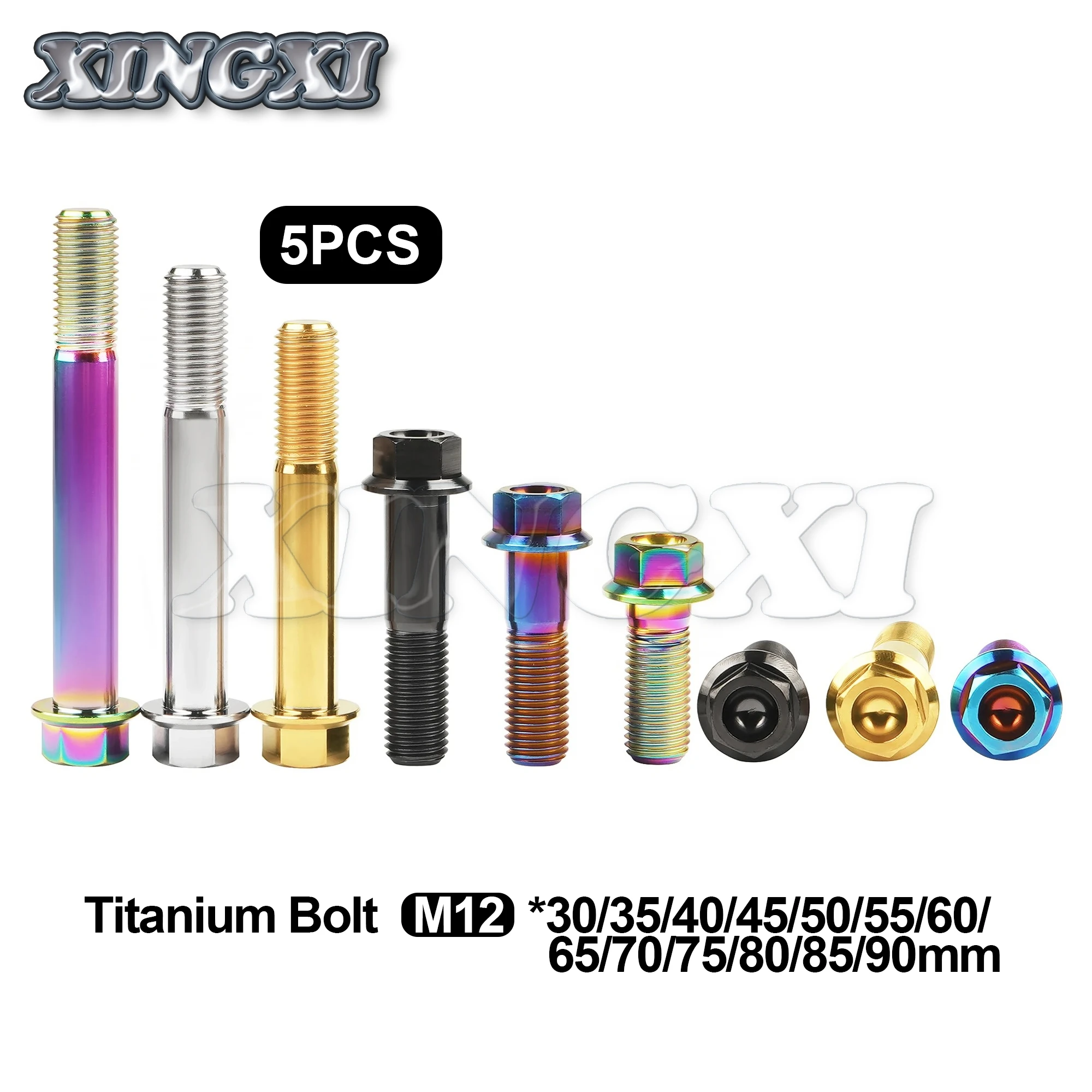 Xingxi 5PCS Titanium Bolt M12X30~90mm Hex Head Flange Screw Pitch 1.25/1.5mm for Motorcycle Modification