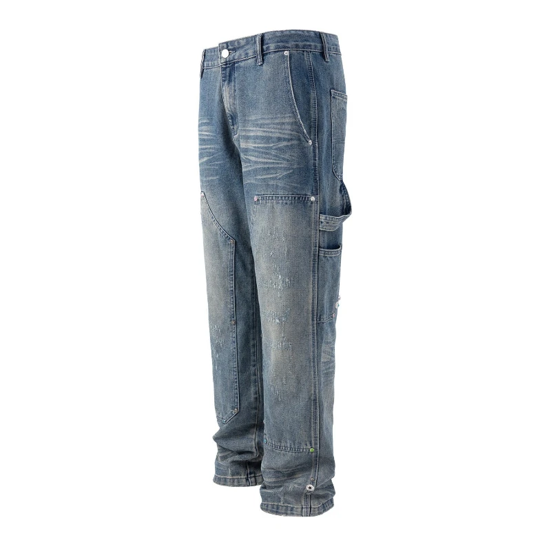 Kiefernstein-Weiden-Nageldekoration, gewaschene blaue Holzfäller-Jeans, Streetwear, Baggy-Hose mit geradem Bein, ausgefranste Jeans, Y2k, entspannte Passform – Detail 3
