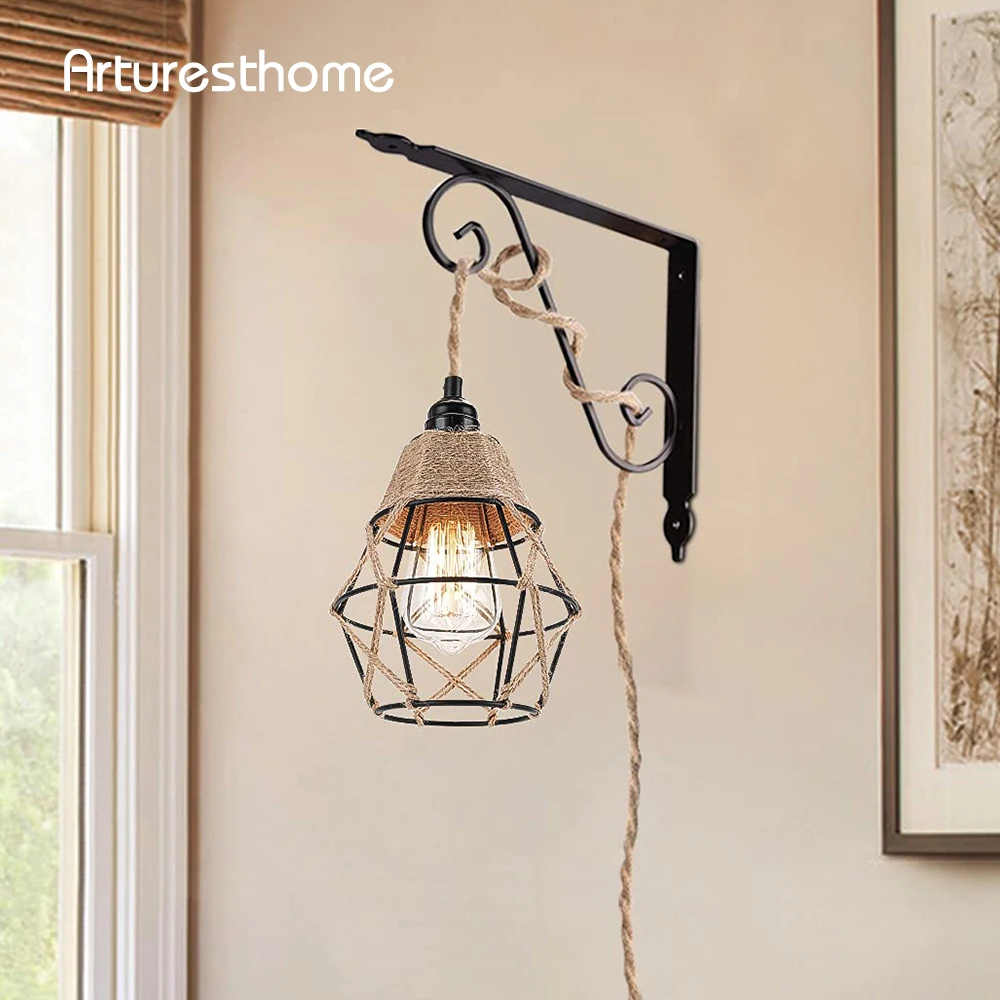 

ARTURESTHOME Industrial Style Plug in Pendant Light Cord Hemp Rope Hanging Lamp Farmhouse Hanging Light Fixtures for Kitchen