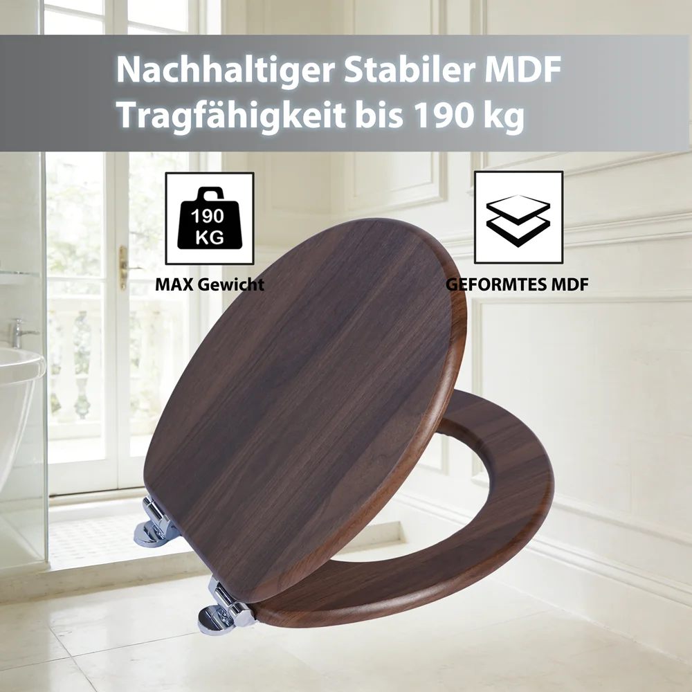 SINOBATH Universeller Toilettendeckel mit Absenkautomatik, WC-Sitz aus Holz, MDF-Toilettendeckel, Tragfähigkeit bis 190 kg, Zinklegierungsscharnier, antibakteriell und leicht zu reinigen, geeignet für 18-Zoll-Toiletten – Detail 5