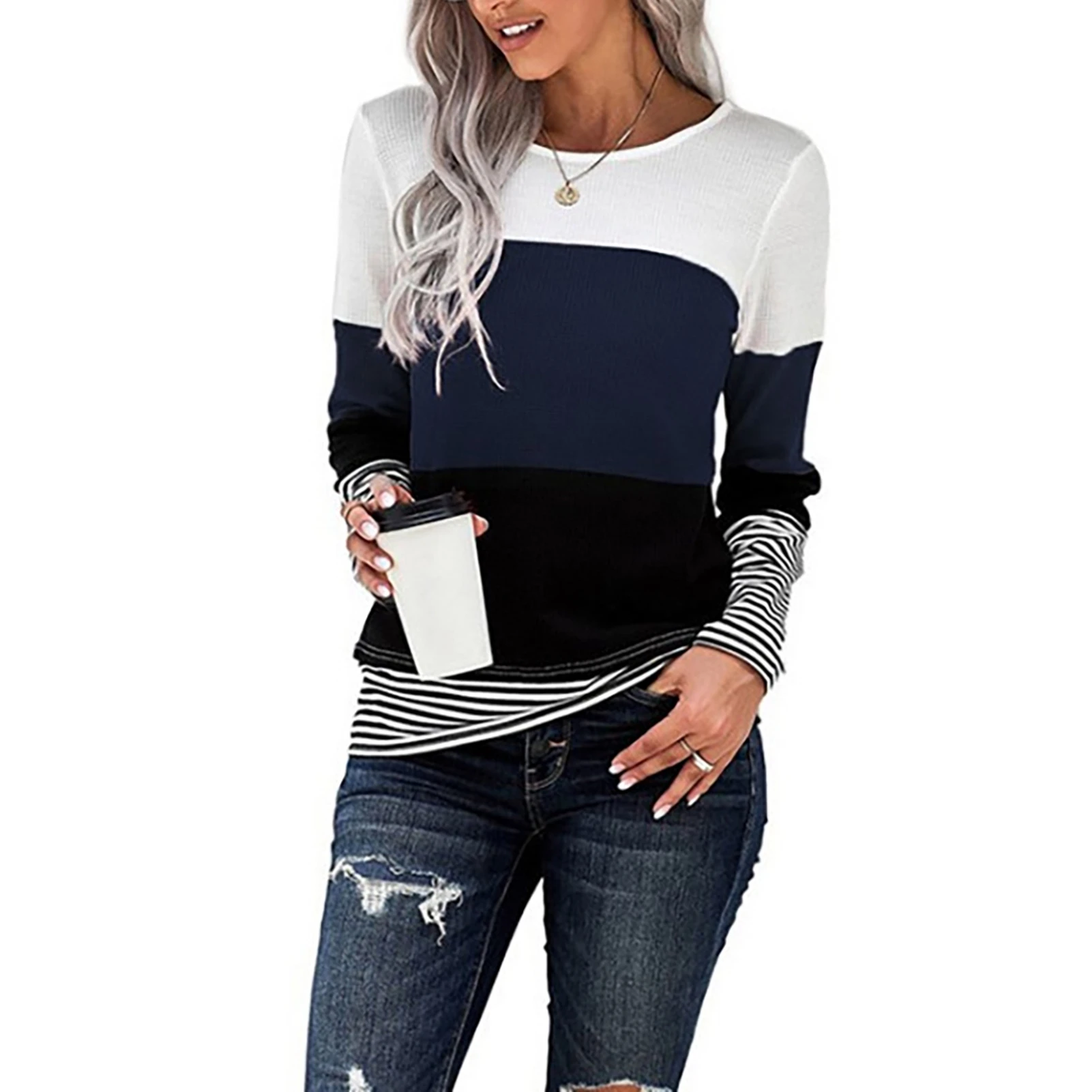 

Women's Crew Neck Striped Pullovers Skin-friendly and Breathable Tops for Outdoor Work School