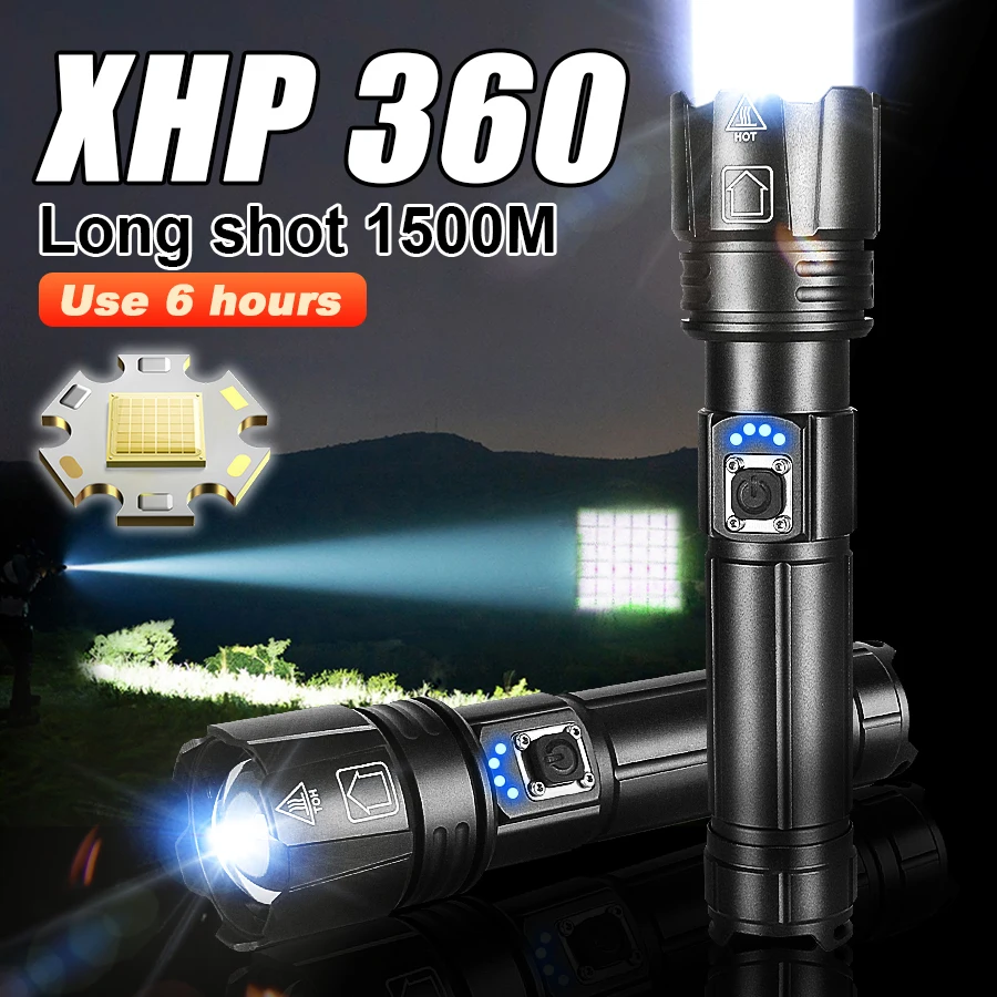 2026 Newest Upgrade Flashlights XHP360 Type-C Rechargeable Torch 80000000LM High Power LED Flashlight Tactical Handheld Lantern