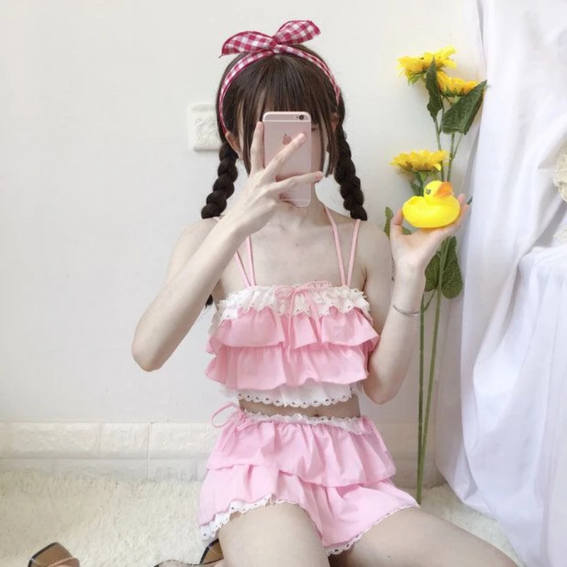 Japanese Sweet and Cute Swimsuit Set Early Autumn Girl Style Hot Spring Resort Beach Women's Swimsuit Set
