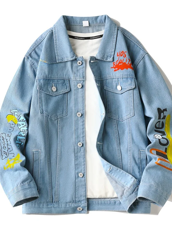 

Мужская джинсовая куртка свободного кроя, весна-осень, американский модный бренд, с буквенным принтом, молодежная, повседневная, из смесового хлопка и полиэстера