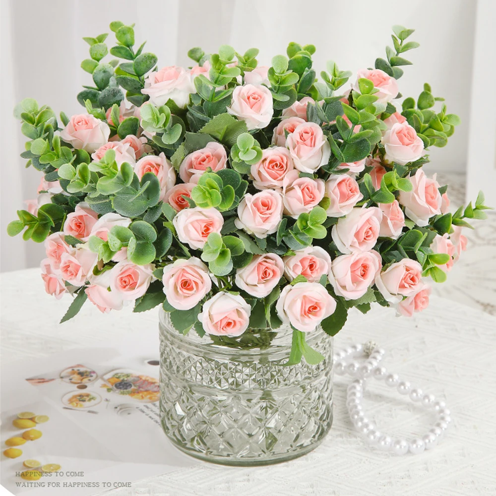 Rosa de seda Artificial con hojas de eucalipto, ramo de peonía, flor falsa para mesa de boda, florero de fiesta, decoración del hogar, 10 cabezas