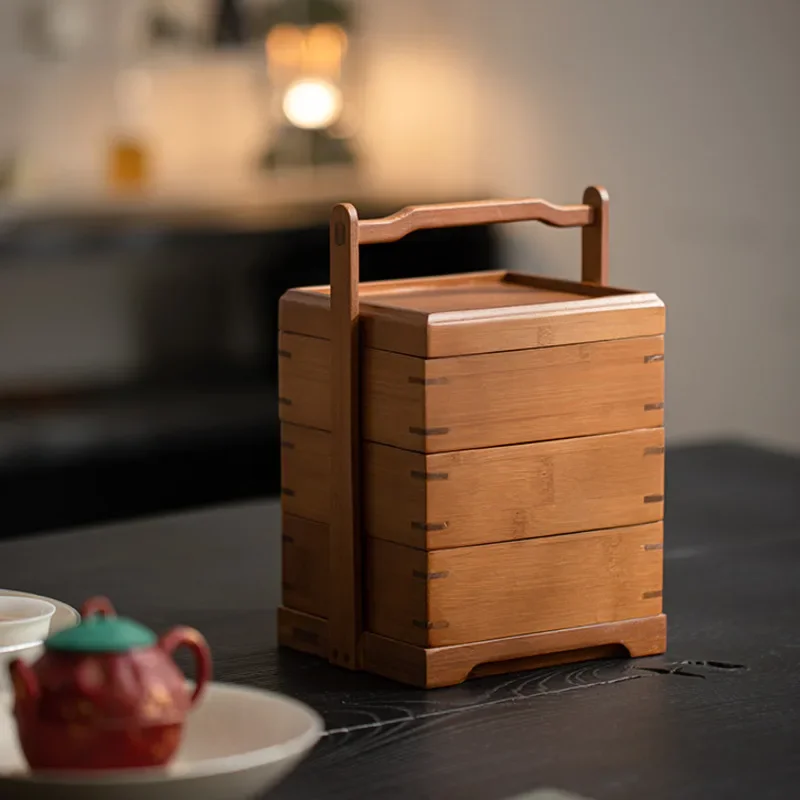 Retro Bamboo Storage Basket Traditional Chinese Fruit Tea Food Container Portable Tea Set Box Cultural Ceremony Accessories