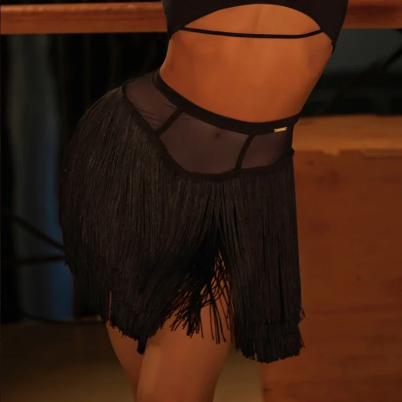 

2026 New ZYM Latin Dance Clothes Women Black Fringe Skirt Mesh Waist Dense Tassels Chacha Rumba Samba Skirt Practice Wear V25390