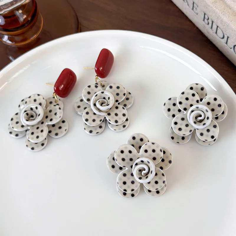 Earrings Red Polka Dot Floral Enamel Oversized Stud Retro Vintage Unique Statement Jewelry for Women Daily Wear