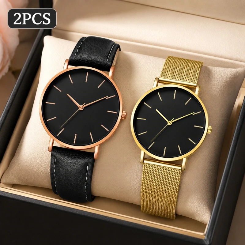 2PCS Couple Watches Ultra Thin Simple Dial Men Women Quartz Wristwatch Metal Mesh Strap Leather Band  Lovers Watch Holiday Gift