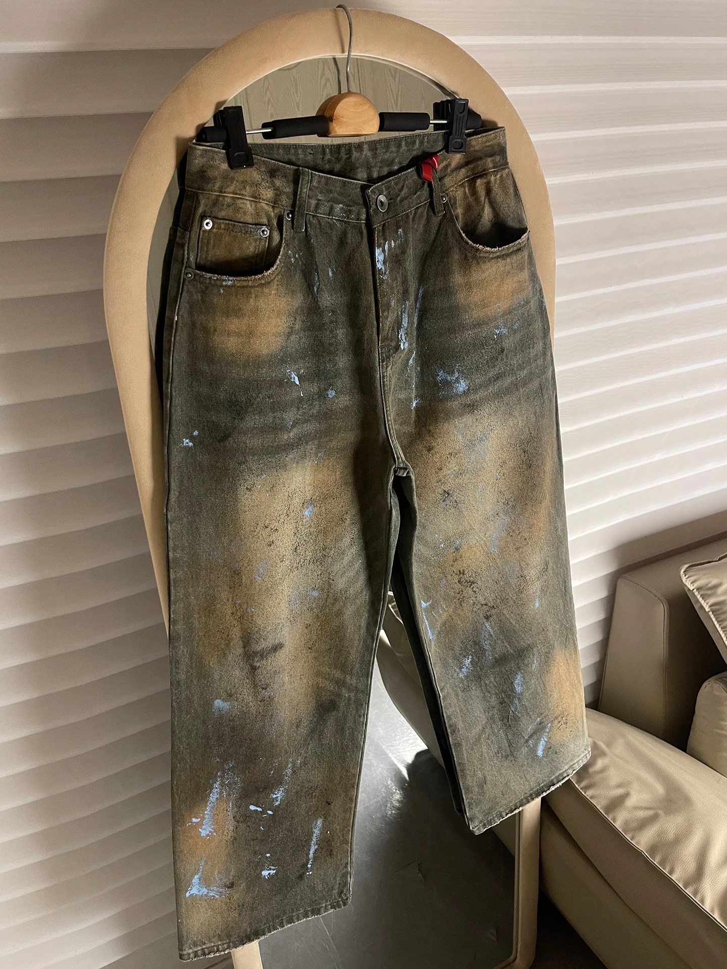 

Parisian Sle fiti Splatter Denim Jeans Men's Casual Loose Straight Leg Worn out Wide Leg Pants American Sle Jeans