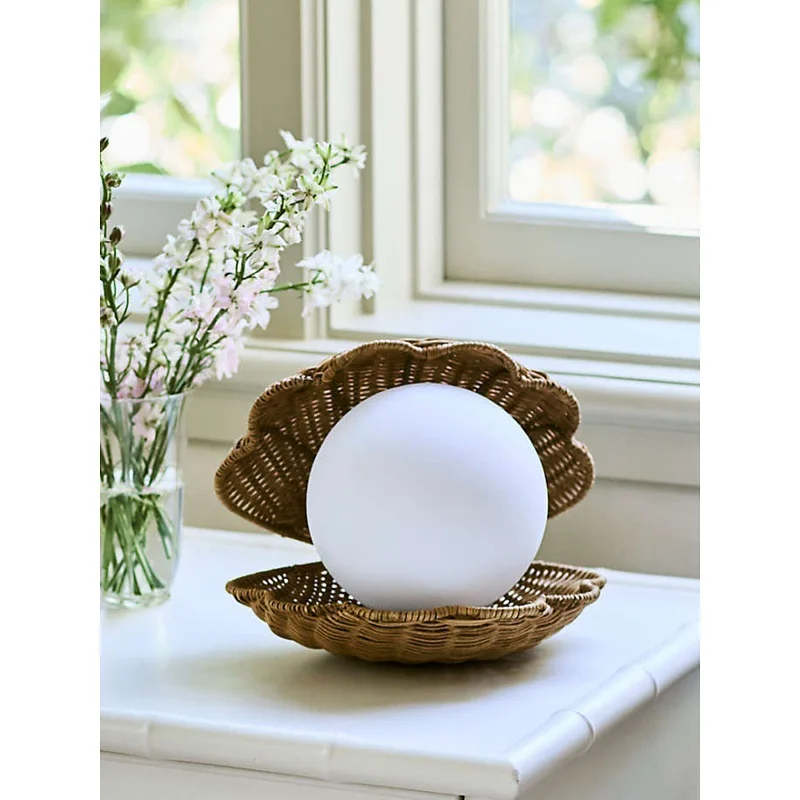 French retro shell rattan desk lamp, ambient lamp, dresser medieval lamp c