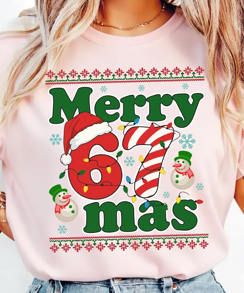 6 7 ميمي منامة عطلة الجنرال ألفا العام عيد الميلاد بلايز مضحك 67 عيد الميلاد تي شيرت طباعة القطن عادية كم قصير للجنسين