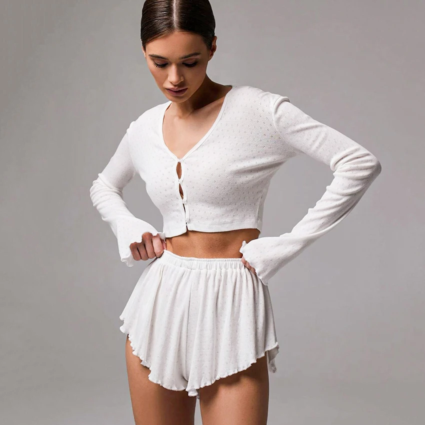 

Hiloc Casual White Pajamas 2 Piece Autumn Crop Top Long Sleeve T Shirts With Wide Leg Shorts 2025 Minimalism Sleepwear For Women