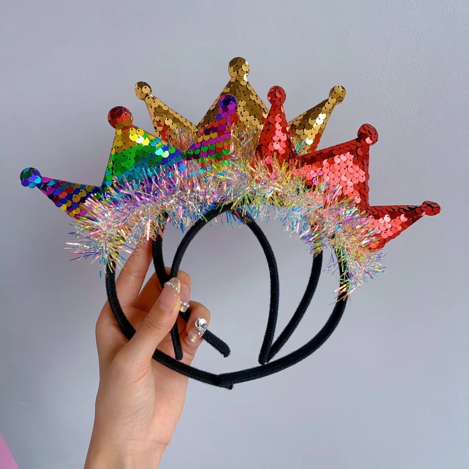 

2 Creative Christmas Headband Headgear Sequins Big Crown Children Rainbow Headwear Girls Holiday Hair Accessories Headband HP01