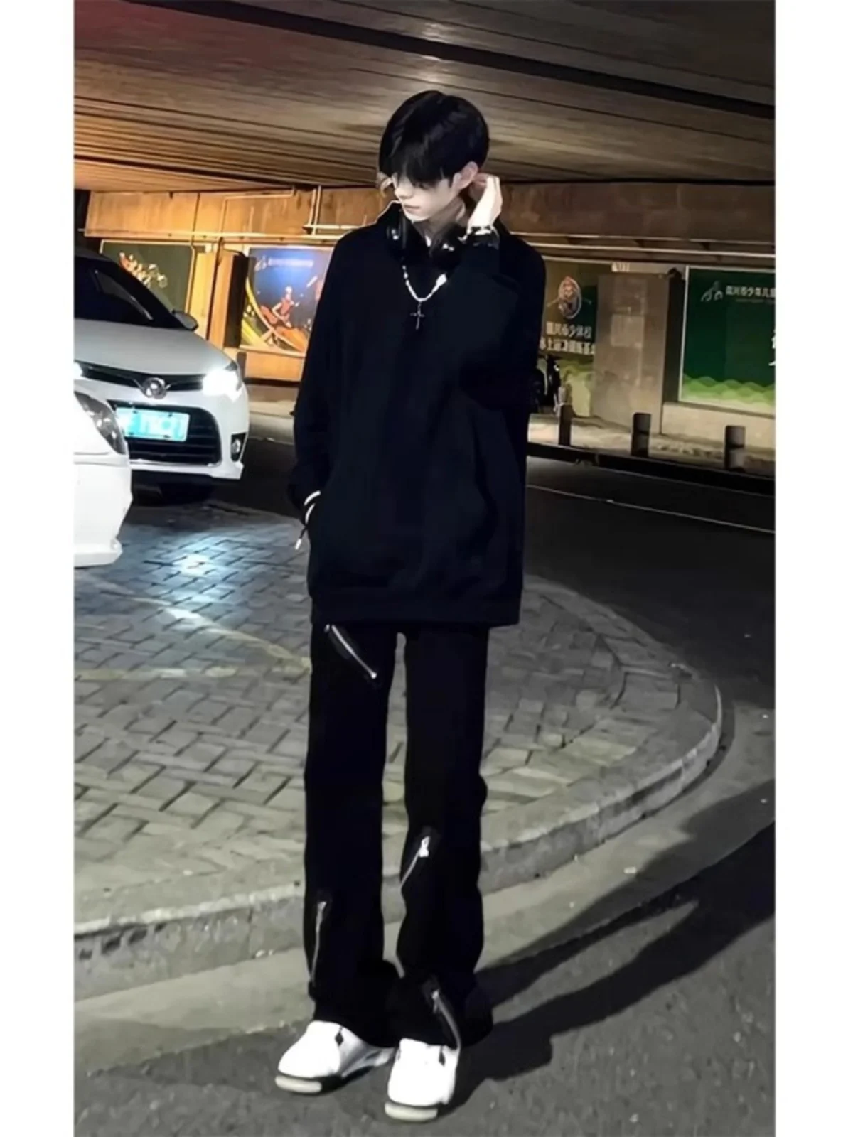 

American Retro Cleanfit Zipper Jeans Men's High Street Trend Bla Denim Straight Slim Micro Flared Pants Youth Faion