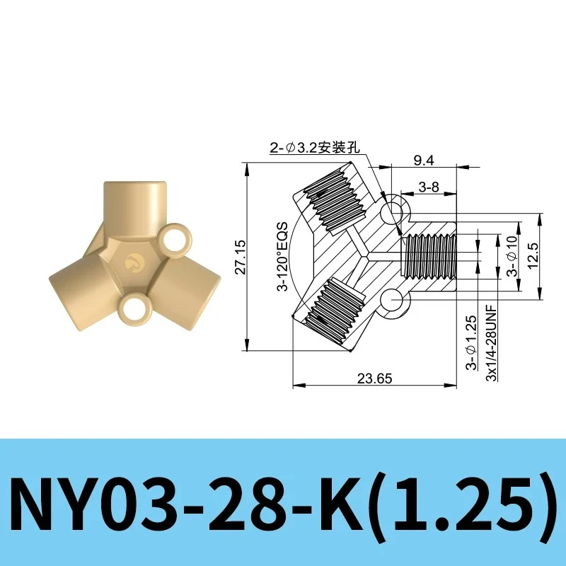 Y type tee joint  material, internal thread 1/4-28 unf joint 10-32unf screw