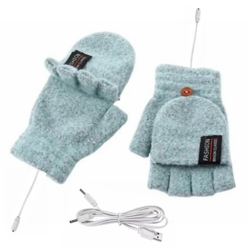 Unisex USB Electric Heating Gloves Flip Cover Knitted Hands Warmer Keep Warm Touch Screen Winter Heated Gloves Outdoor