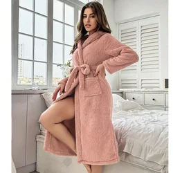 Autumn and Winter New Coral Velvet Couple Robe Female Hooded Thickened and Extended Paragraph Warm Pajamas Home Wear Bathrobe