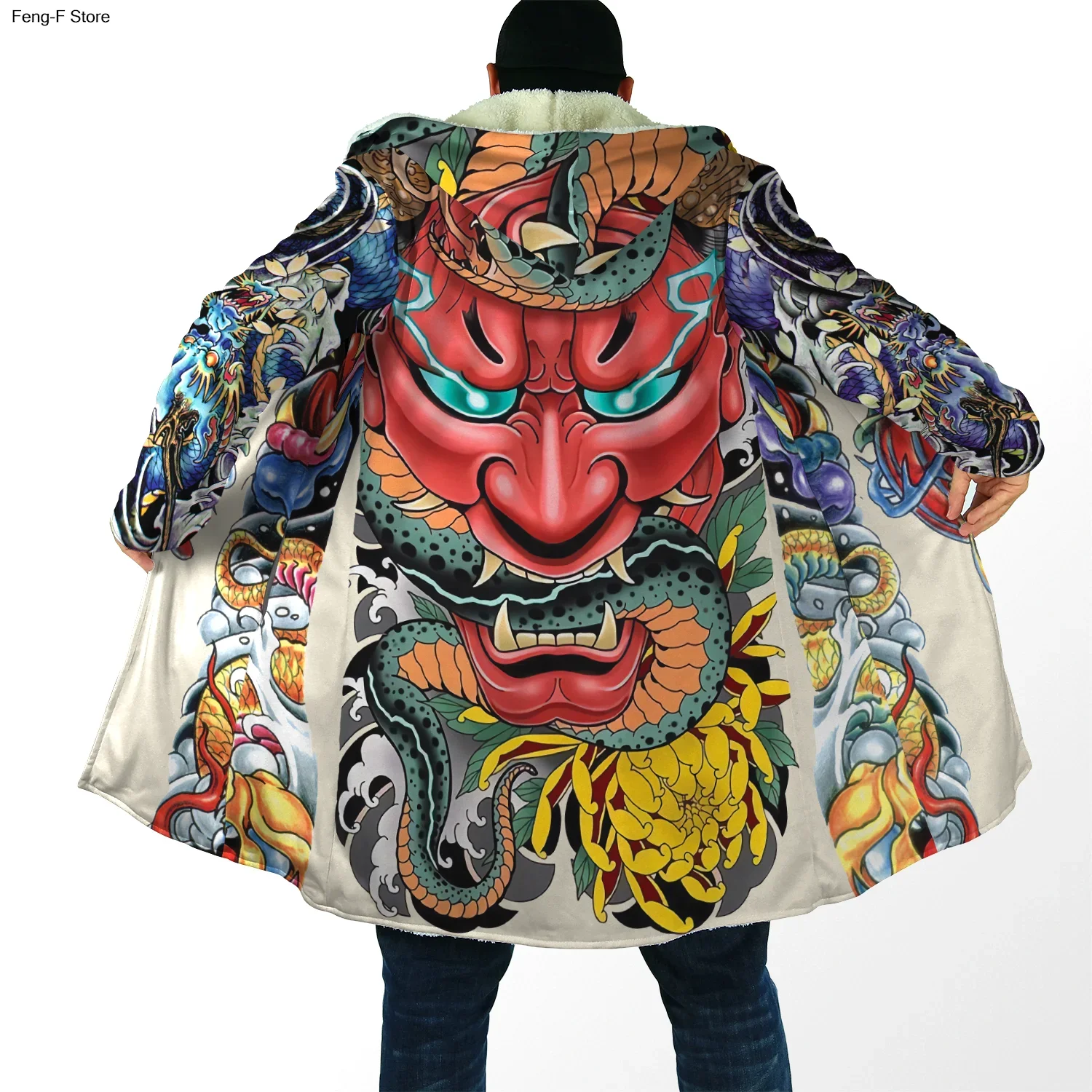 Winter Mens Cloak Samurai Oni Mask Tattoo 3D Printing Fleece Hooded cloak Unisex Casual Thick Warm Cape coat