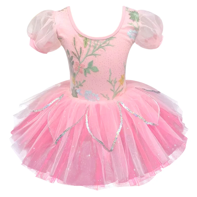 

Girls' Pink Sequin Ballet Dress with Layered Tulle Skirt and Flower Headpiece Cross Back Dance Costume