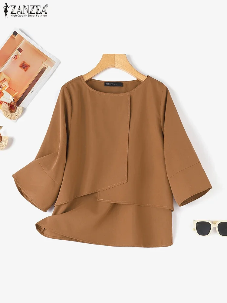 

ZANZEA Fashion Women Summer Blouse 2025 Double Layer Half Sleeve Tops Shirt Casual Round Neck Tunic Solid Color Blusas Oversizd