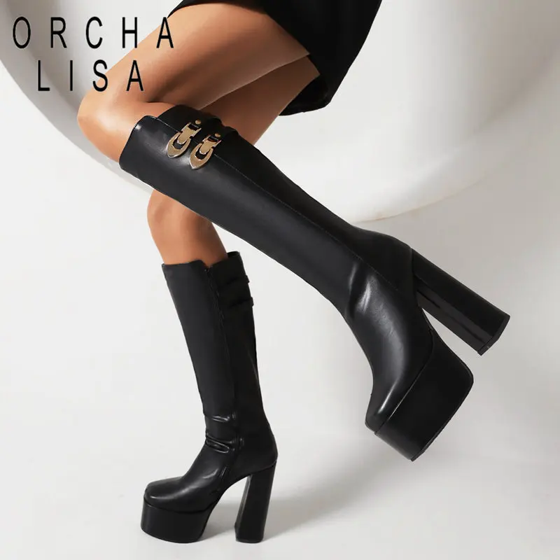 

ORCHA LISA Female Knee Boots Square Toe Block Heels 14cm Platform Hill 5cm Zipper Metal Decoration Sexy Party Bota Big Size 43