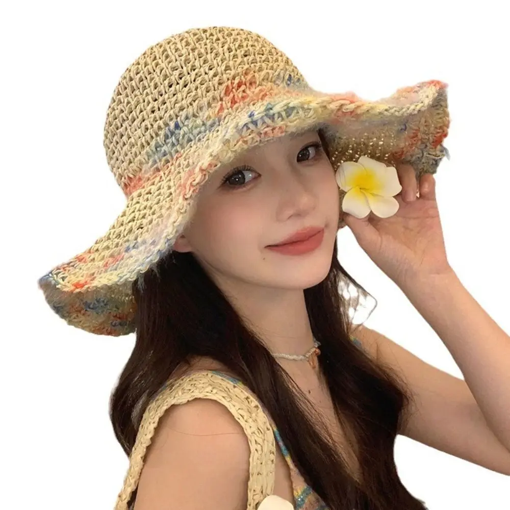 Casual Colorful Wide Brim Straw Hat Boho Breathable Weave Bucket Hat Foldable Hollow UV Protection Cap Travel