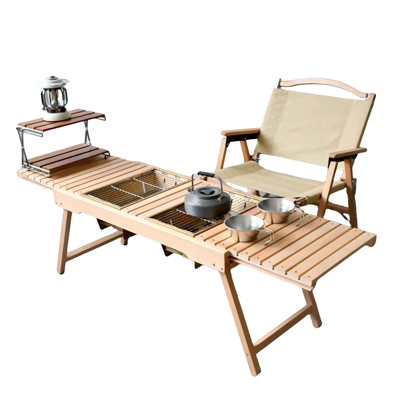 

Solid Wood Assembled Sliding Track Folding Table with Barbecue Grill Outdoor Furniture Wooden Picnic Dining Table Bench