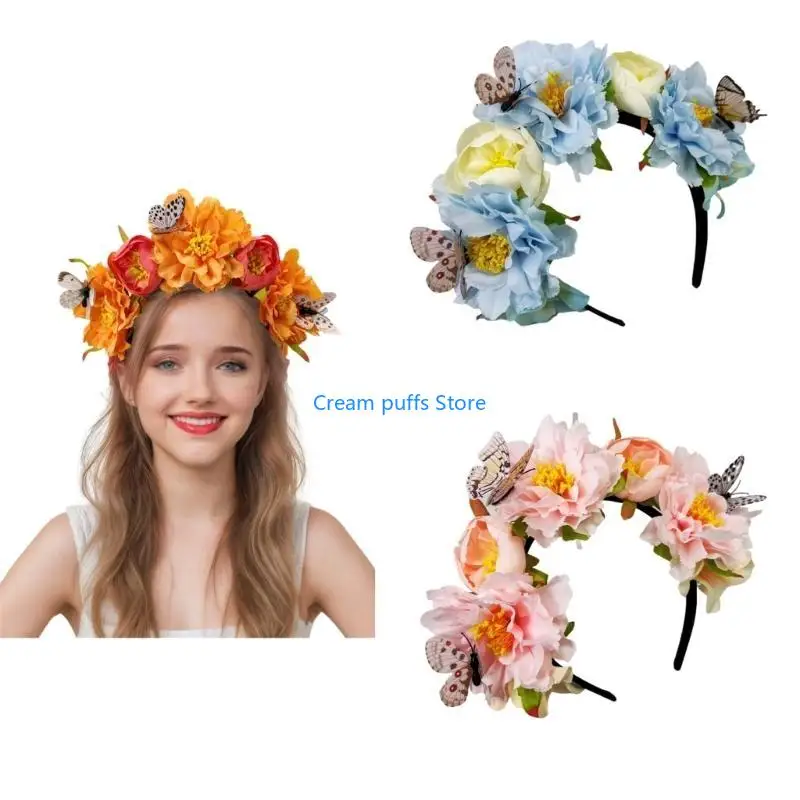 50Le Butterfly Flower Headband voor bruiloft Bruid Ethnic Mexico Haarband Cosplay Kostuum kopstuk Volwassen muziekfestival