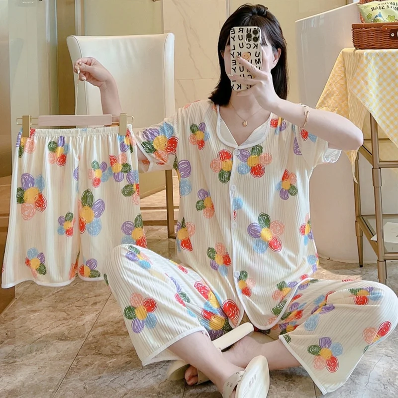 

Women's New Autumn Spring Long Sleeve Soft Three Piece Sleepwear Set Sweet Cartoon Pajama Cardigan Home Nightwear Set