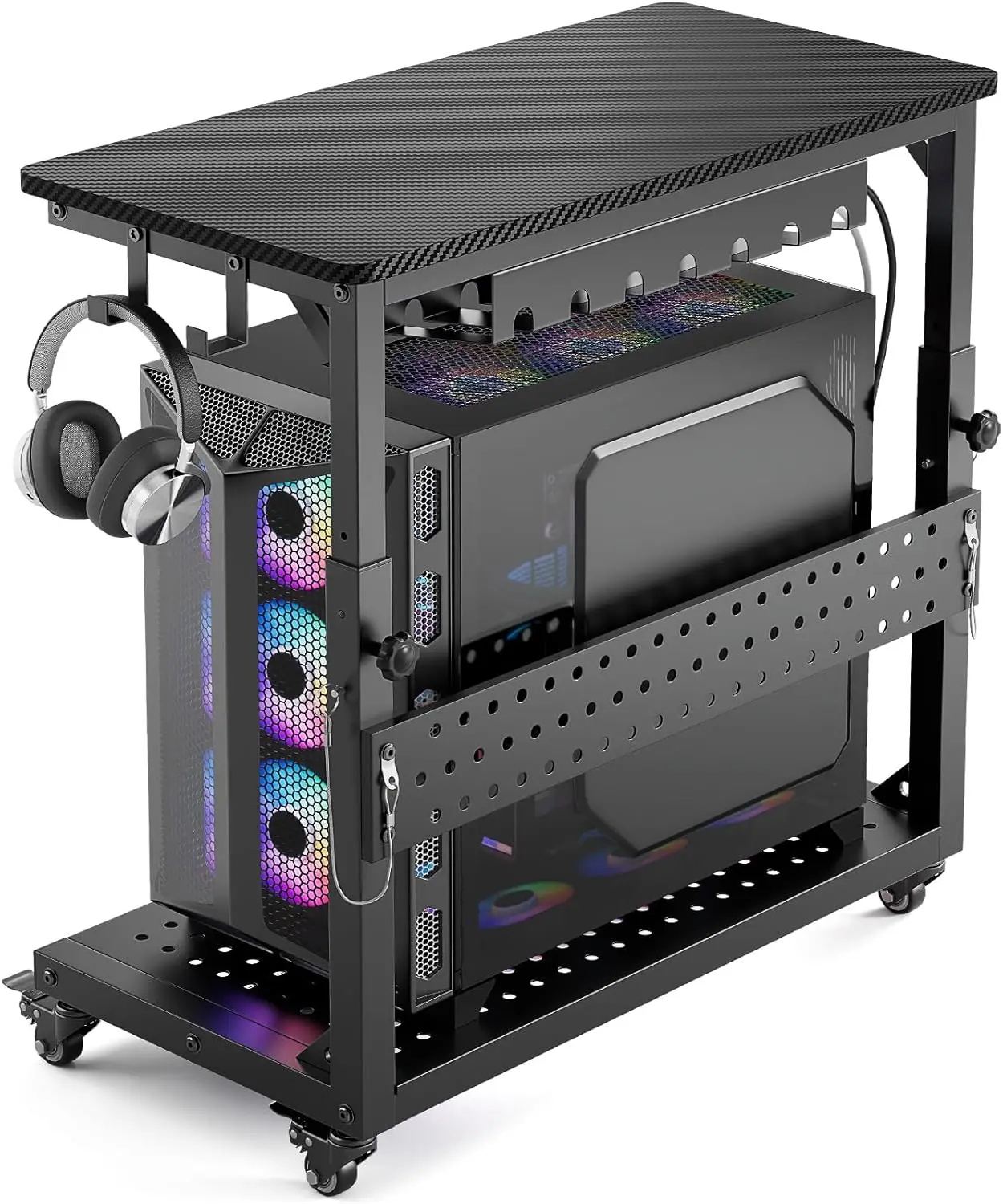 Heavy-Duty Adjustable Rolling PC Cart with Cable Management for Gaming and Full-Tower Cases, Carbon Fiber Black