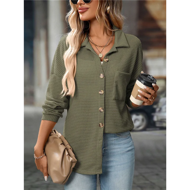 

CGS-Women's Waffle Knit Button Down Shirts Casual Long Sleeve Shacket Jacket Boyfriend Tops Blouses Loose Fit