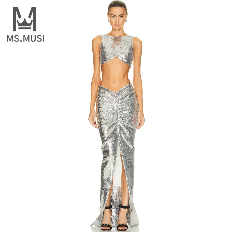 MSMUSI 2024 nueva moda mujer Sexy lentejuelas conjunto de dos piezas ceñido al cuerpo fiesta tanque cuello sin mangas Top pliegue hendidura falda larga conjunto traje