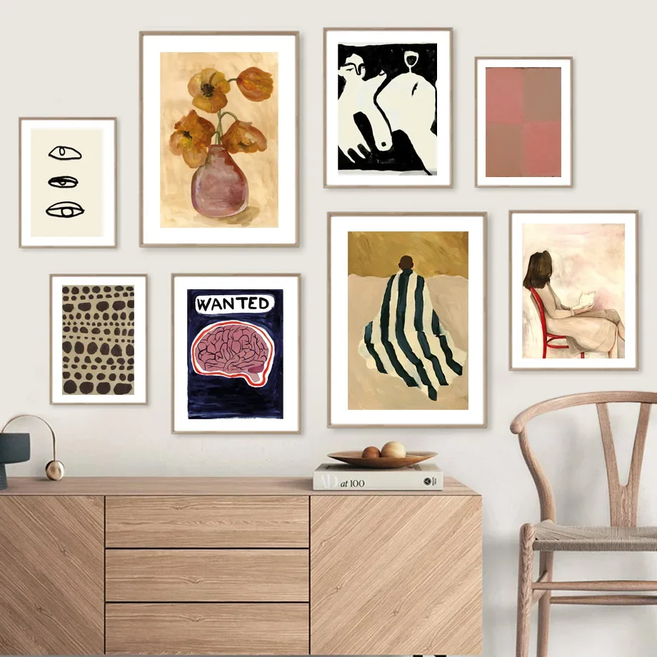 

Abstract Art Poster - Brain Drink Man Striped Back Read Woman Flower Canvas Wall Painting Ideal Living Room Decor Wall Pictures