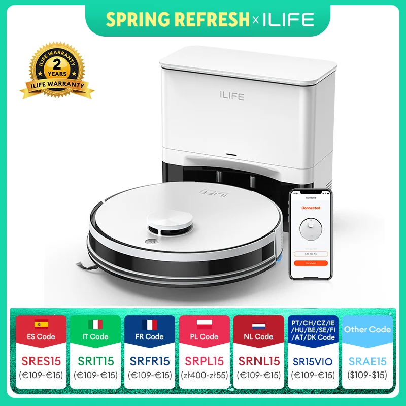 ILIFE-Aspirateur robot A30 PRO, aspiration 5000Pa, auto-vidange, capacité de 60 jours, application, télécommande, temps de fonctionnement de 180 minutes