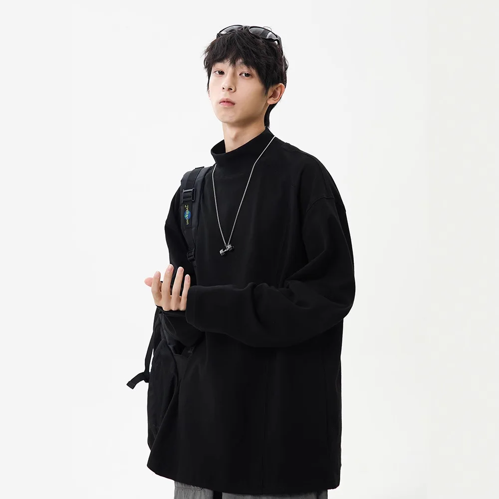 Men Solid Color Loose Fit Half High Collar Long Sleeve Casual Trendy Simple Pullover Sweatshirts Male Winter Style Undershirts