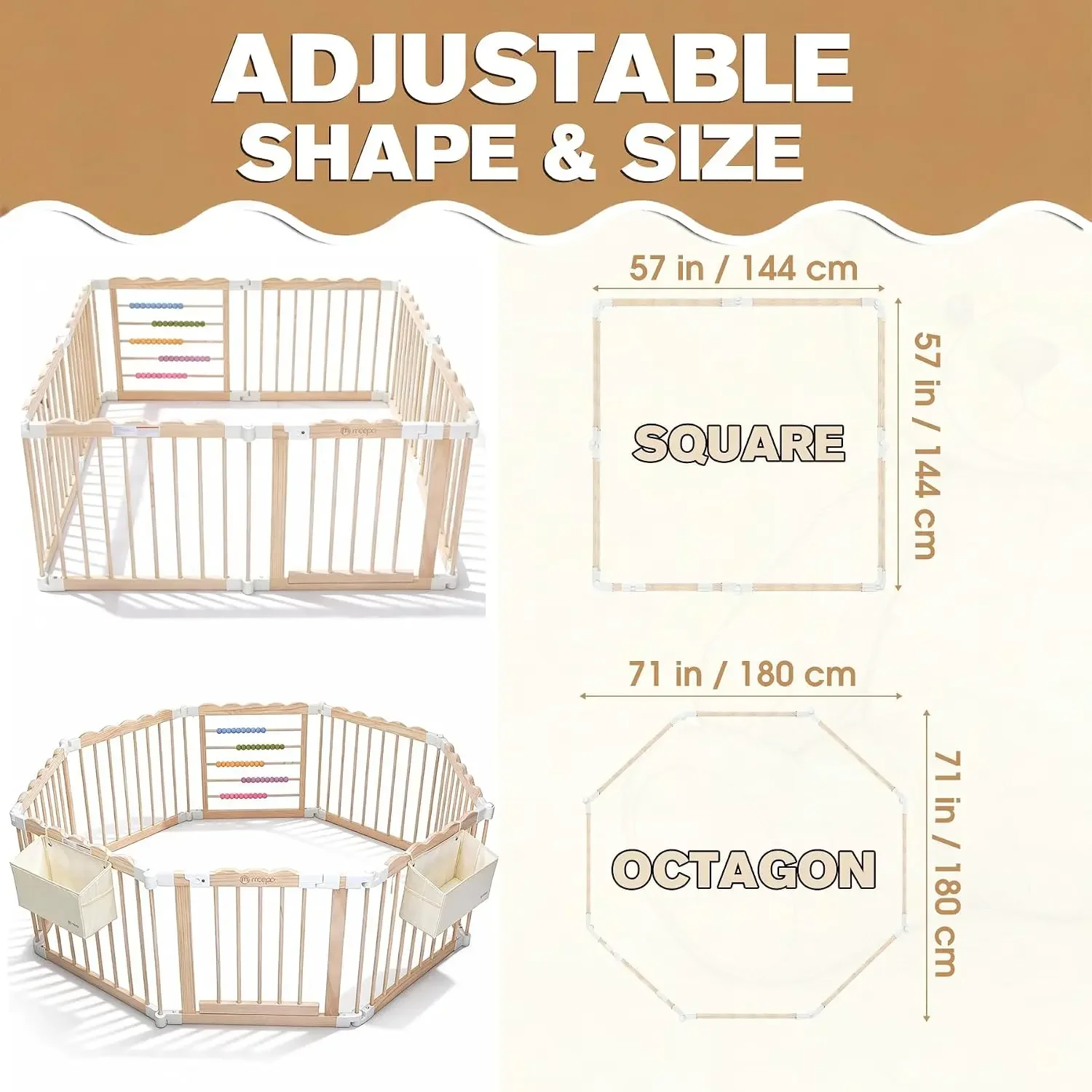 Foldable Wooden Baby Playpen, Adjustable Play Yard, 57x57x25in | Adjustable Shape & Size with 2-Pack Storage Bags, Nature Pine