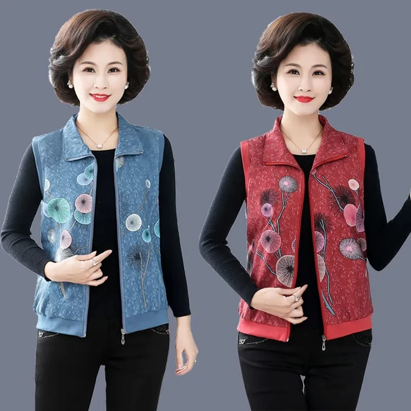 

Vest Jacket Women Sleeveless Flower Waistcoat Tops Spring Autumn Clothes Turndown Collar Zipper Cardigan Casual Gilet Femme