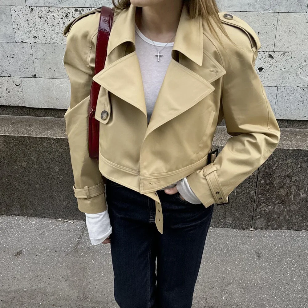 Street Trend Warm Cotton Short Trench Autumn and Winter Women Original Hidden Buckle Waistband Lapel Daily Office Travel Jacket